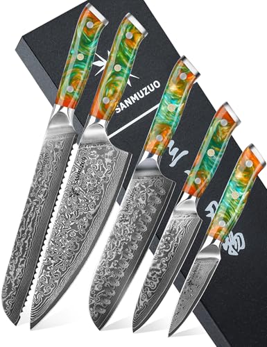 Chef-Cooking-Knives-Set-Kitchen-Knife-Set-of-5-Piece-Ultra-Sharp-VG10-Damascus-Steel-Resin-Handle-Xuan-Series-Fantasy-Orange