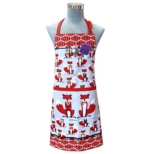 Adjustable Neck Strap Bib Apron 3 Pockets Extra Long Ties 100 Cotton Fox Printing Kitchen Men Women Chef Waiters Cooking Baking Barbecue BBQ Crafting Garden Christmas Gift Fox Apron