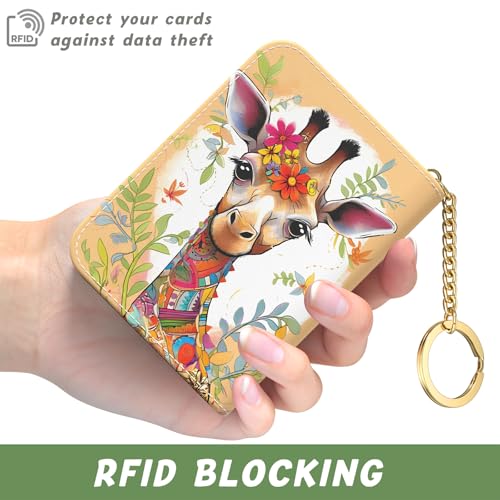 Image of Aiawoxc Credit Card Holder, Small RFID Wallet Slim Leather Card Organizer Case with Zipper and Keychain, Cute Deer