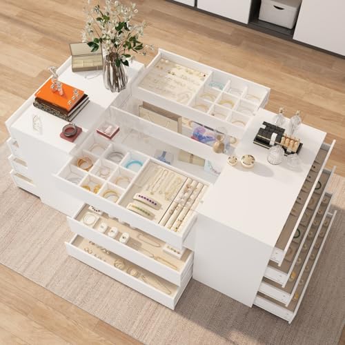 TAMUNE Armoire Bedroom Island Wardrobe Closet Island with 14 Drawers & Glass Tabletop Island Dresser with Jewelry Organizer Island for Bedroom Cloakroom White (63W x 31.5D x 31.5H)