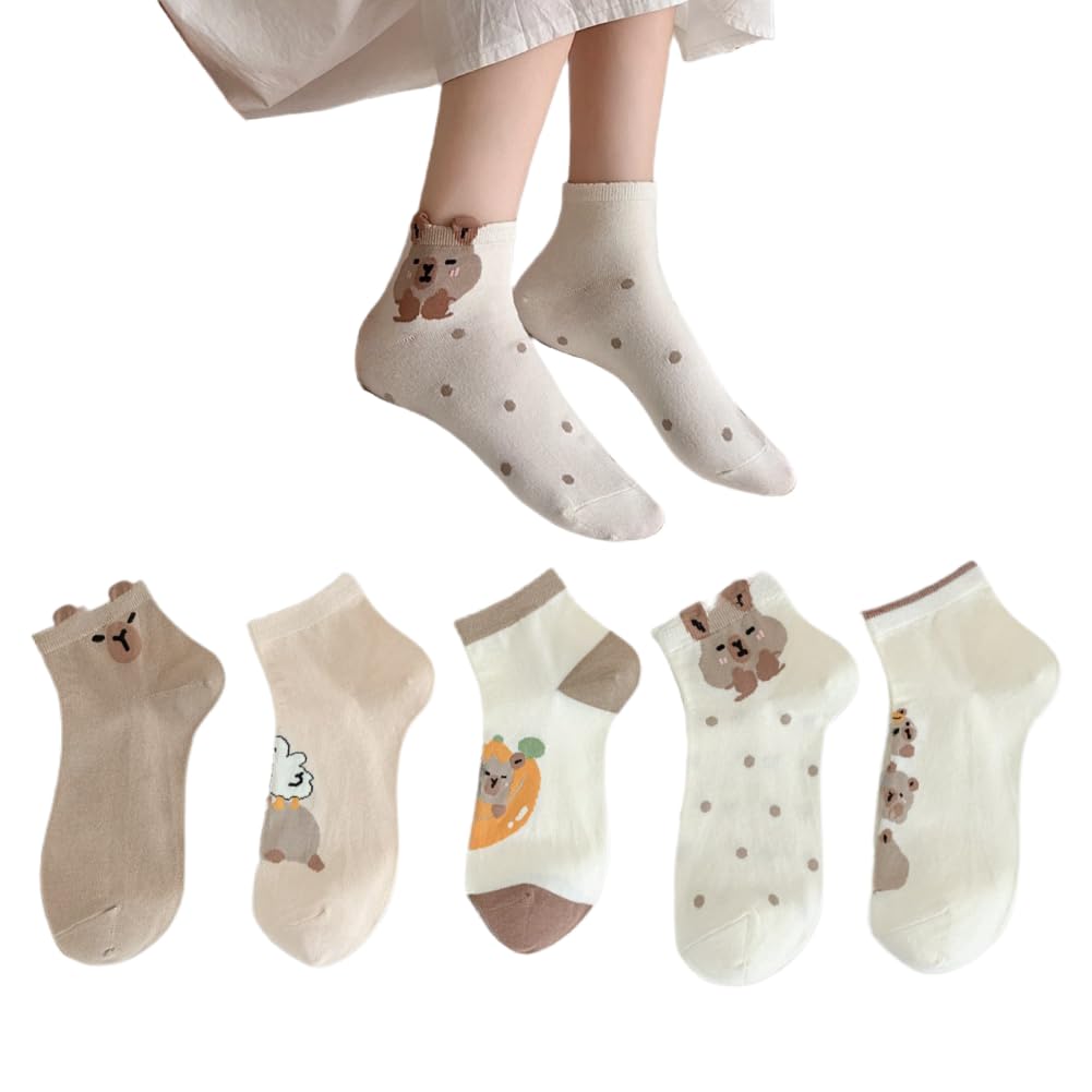 AKAMAS 5 Pairs Womens Novelty Capybara Pattern Ankle Socks,Breathable Cotton Crew Socks,Cute Animal Cartoon Dot Motifs No Show Socks,Funny Crazy Dress Socks