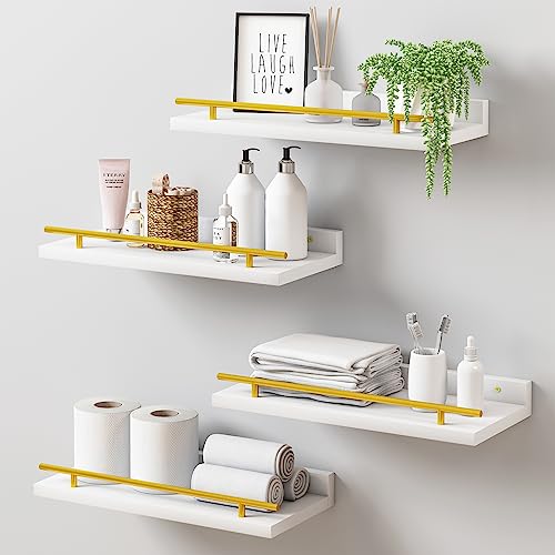 Fixwal Floating Shelves, Bathroom Gold Decor, Set of 4, Rustic Farmhouse Wood Gold Room Decor for Bedroom, Gold Living Room Decor, Kitchen Wall Shelf, White