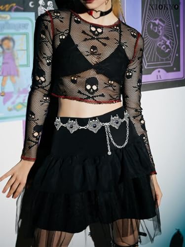 Turquoise Concho Belt Silver Skull Eyes Western Gothic Carving Waist Chain Belt for Women2