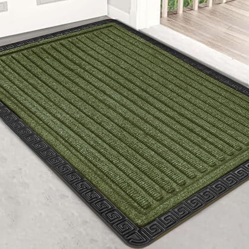 Image of Yellow Weaves 2 Pcs Door Mat for Home Entrance, Outdoor Rubber Mat - Non-Slip, Anti Skid Foot Mat, Dirt Trapper, Heavy-Duty, Weather-Resistant, Waterproof Doormat (40x60cms, Stripe, Olive Green)
