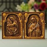 Catholic Diptych Vintage Style wooden Christian Icon Our Lady of Sorrows La Pieta Jesus Catholic Art Handmade Home Decor Spiritual Stuff (Height 3.9 Inches)