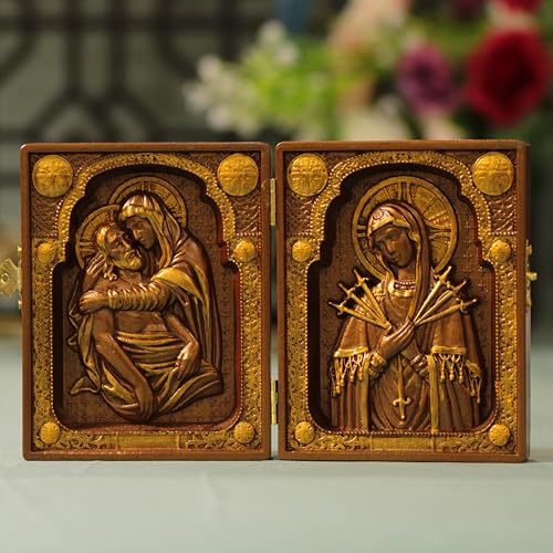 Catholic Diptych Vintage Style wooden Christian Icon Our Lady of Sorrows La Pieta Jesus Catholic Art Handmade Home Decor Spiritual Stuff (Height 5.1 Inches)