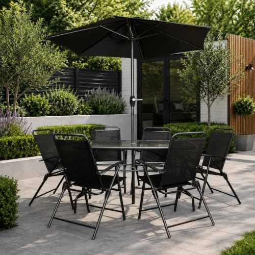 Samuel ALEXANDER Outdoor 6 Seater Glass Top Table and Chairs Patio Set with Parasol in Black