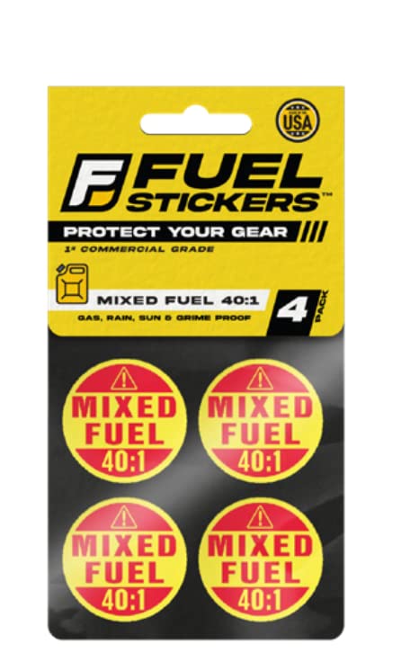 Image of Fuel Stickers Mixed Fuel 40:1 Sticker, Gas Oil Mix Labels for Outdoor Fuel Power Equipment (2 Cycle) - Weather Proof, Extreme Stick, Commercial Grade - USA Made (1 inch Round), 4 Labels