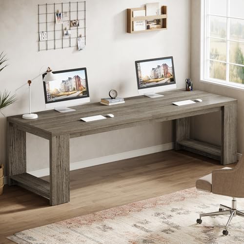 Image of Tribesigns Two Person Desk, 86.6-Inch Extra Long Desk, Double Computer Writing Table, Wood Large Desks Workstation for Home Office, Grey