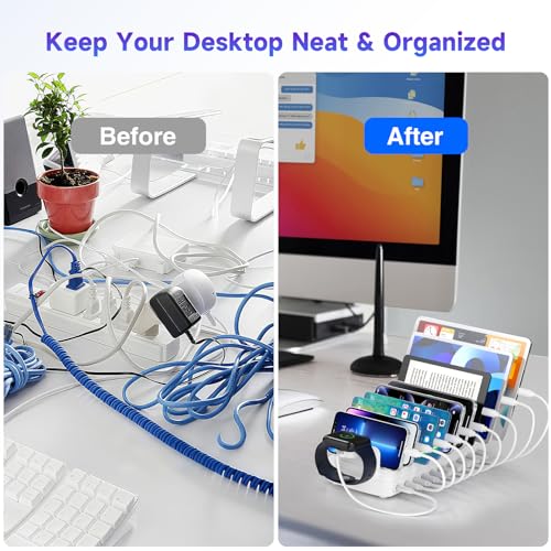 Image of 320W Charging Station for Multiple Devices, 10 Ports Fast Multi-Device Charger Organizer Compatible with MacBook Pro Laptop, iPhone, Android, Ipad, Tablet, Kindle, Family Multi-Device Charging Dock