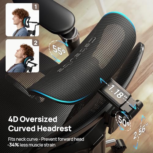 Image of Ergonomic Mesh Office Chair - 10 Hours Comfort, 3D Lumbar Support, 330 LBS | 630 Armrests, 3D Headrest, Seat Depth Adjustable, 90-125 Tilt & Lock, BIFMA, Breathable for Home Office Long Work