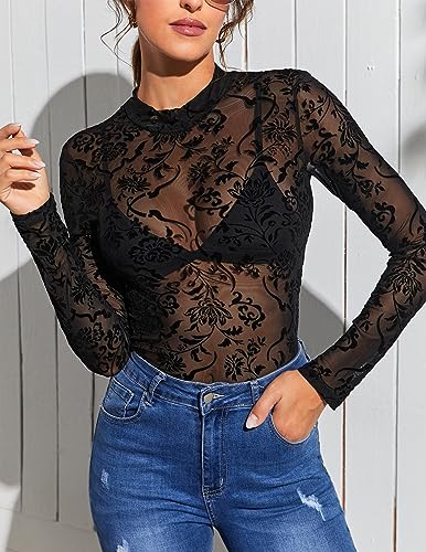 Image of Avidlove Womens Mesh Long Sleeve Bodysuit Round Neck Sheer Leotards Geo Print Bodysuit Top with Snap Crotch