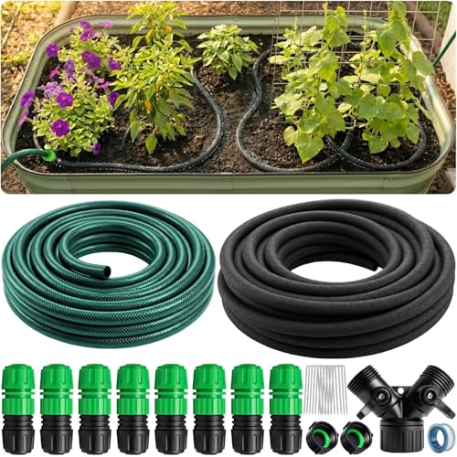 CARPATHEN Soaker Hose Kit Water Saving Soaker Hose System with 1/2 50FT Main Line Tubing & Connectors for Deep Root Watering Your Garden Raised Beds or Greenhouse