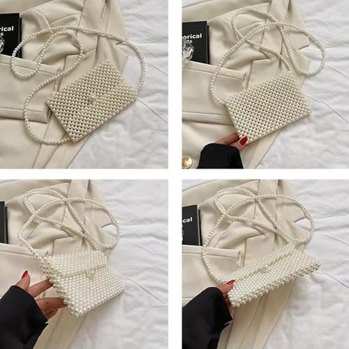 Image of SHESRA Luxury Pearl Bag Chain Bag Purse Bags, Artificial Pearl Clutch Crossbody Handmade Bags Evening Bags for Party Wedding Bridal Party Travel Prom(White)