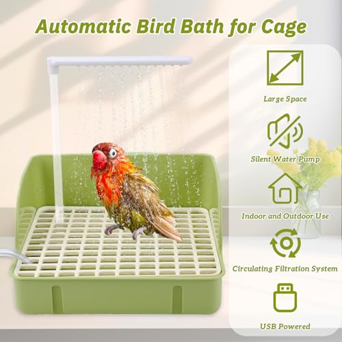 Image of Automatic Bird Bath Fountain, USB Powered Bathtub for Parrots | Anti-Bite Cord Protector, Running Water Faucet, Circulating Basin for Conures, Cockatiels, Lovebirds, Parakeets