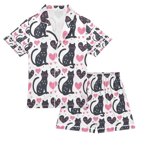 senya Black Cat with Love Satin Summer Pajama Sets Silk Short Sleeve Button Down Sleepwear