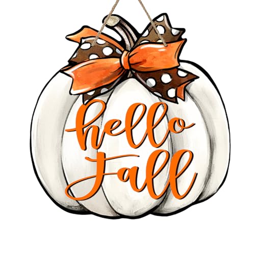 Bolisom Hello Fall White Pumpkin Front Door Sign, Autumn Farmhouse...