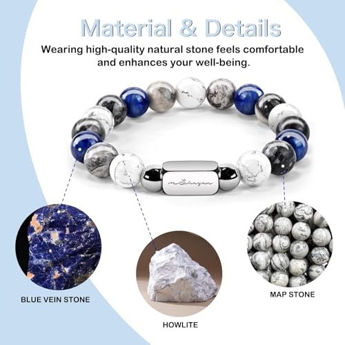 Howlite Natural Gemstone Bracelet for Men, Map Gemstone and Blue Vein Gemstone for Teens Gifts, 10MM Men's Elastic Adjustable Beaded Bracelets for Men, Handcrafted Gifts For Anniversary,Christmas.3