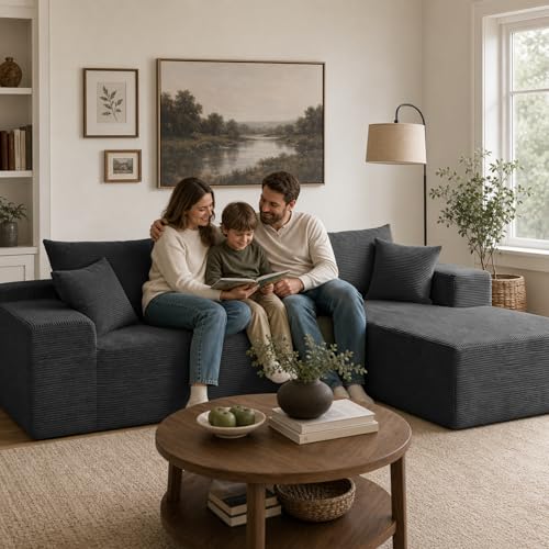 Image of Boneless Couch, 102.4 inch Sectional Couches for Living Room with L Shape Sofa | Cloud Couch Sectional with Chaise, Modular Cloud Sofa with Deep Seat, No Assembly, Black, Corduroy, Right Chaise