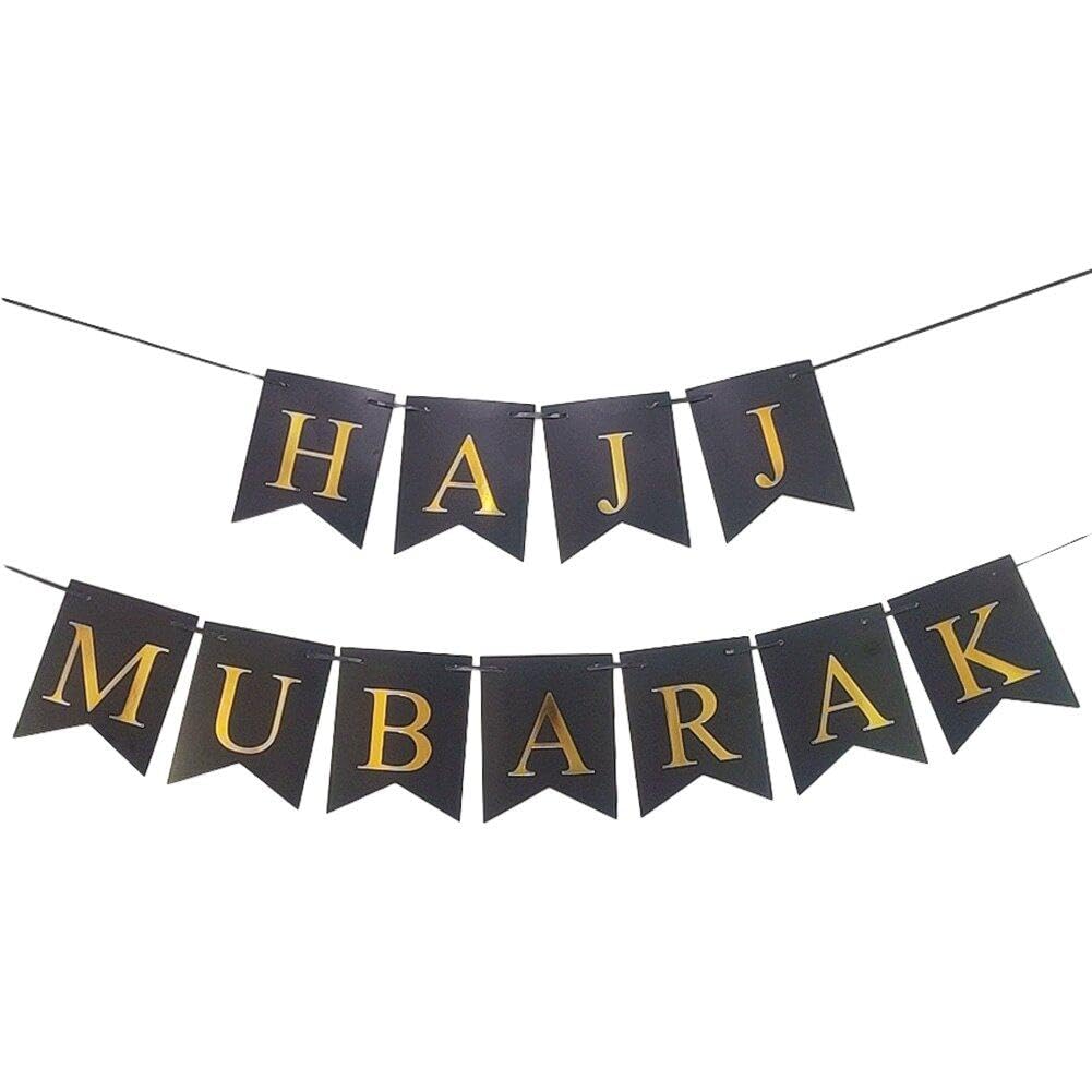 Fituenly Black Hajj Mubarak Bunting Banner Eid Mubarak Banner Garland Flag Ramadan Kareem Party Supplies Muslim Islam Party Home Mantel Fireplace Decoration