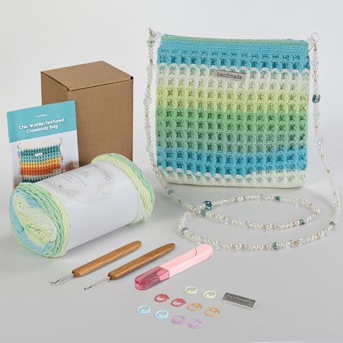 DIY Crochet Bag Kit - Complete Set with Materials and Tools, Ideal for Beginners and Children, 15cm - Creative Gift - Includes 3 to 5 Pieces (Pouch-Green)
