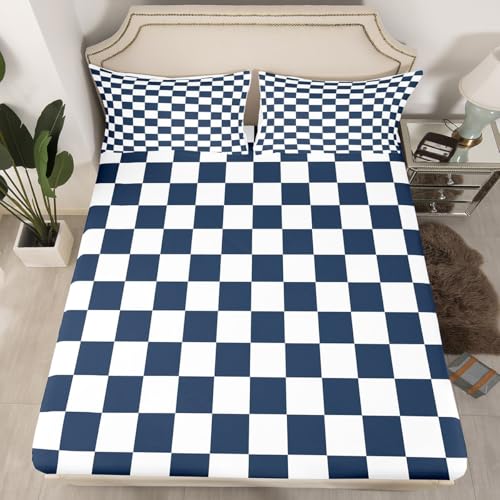 Modern Geometric Plaid Fitted Sheet,Full Size Modern Geometric Plaid Collections,Blue White Grid Bedding Deep Pocket for Children Teens Young with 2 Pillowcases(No Flat Sheet)