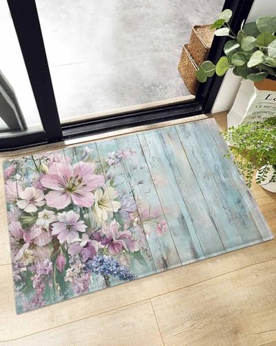 Indoor Doormat Rustic Lily Lavender on Wood,Shaggy Floor Mat with Non-Skid Backing Watercolor Pastoral Blossom Floral,Machine Washable Plush Area Rug Carpets for Kitchen Nursery Bedroom
