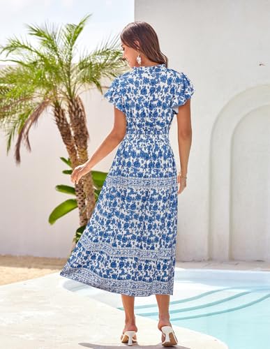GRACE KARIN Women's Floral Boho Dress Hawaiian Dresse Short Sleeve V Neck Summer Beach Wedding Guest Swing Maxi Sundress3