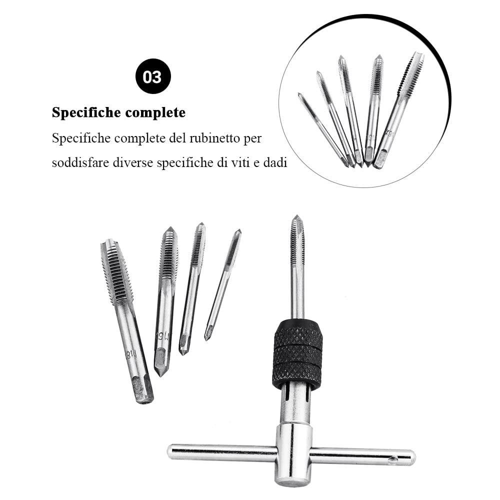 Giramaschi Regolabile a Cricchetto con Impugnatura a T, Set di 5 Filettatura Metrica per Filettare M3/4/5/6/8 HSS Maschi