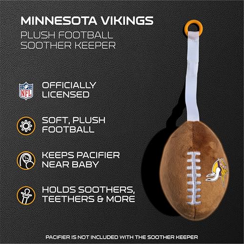 Image of Minnesota Vikings Plush Football Pacifier Holder by Smilo - Officially Licensed NFL Soother Holder - Soft Plush Toy and Dummy Holder - Fits Any Pacifier - Stroller Accessory & Newborn Essential