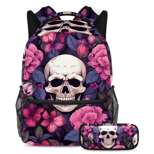 Sac à dos fleurs et crâne multicolore fille garçon avec trousse d'école