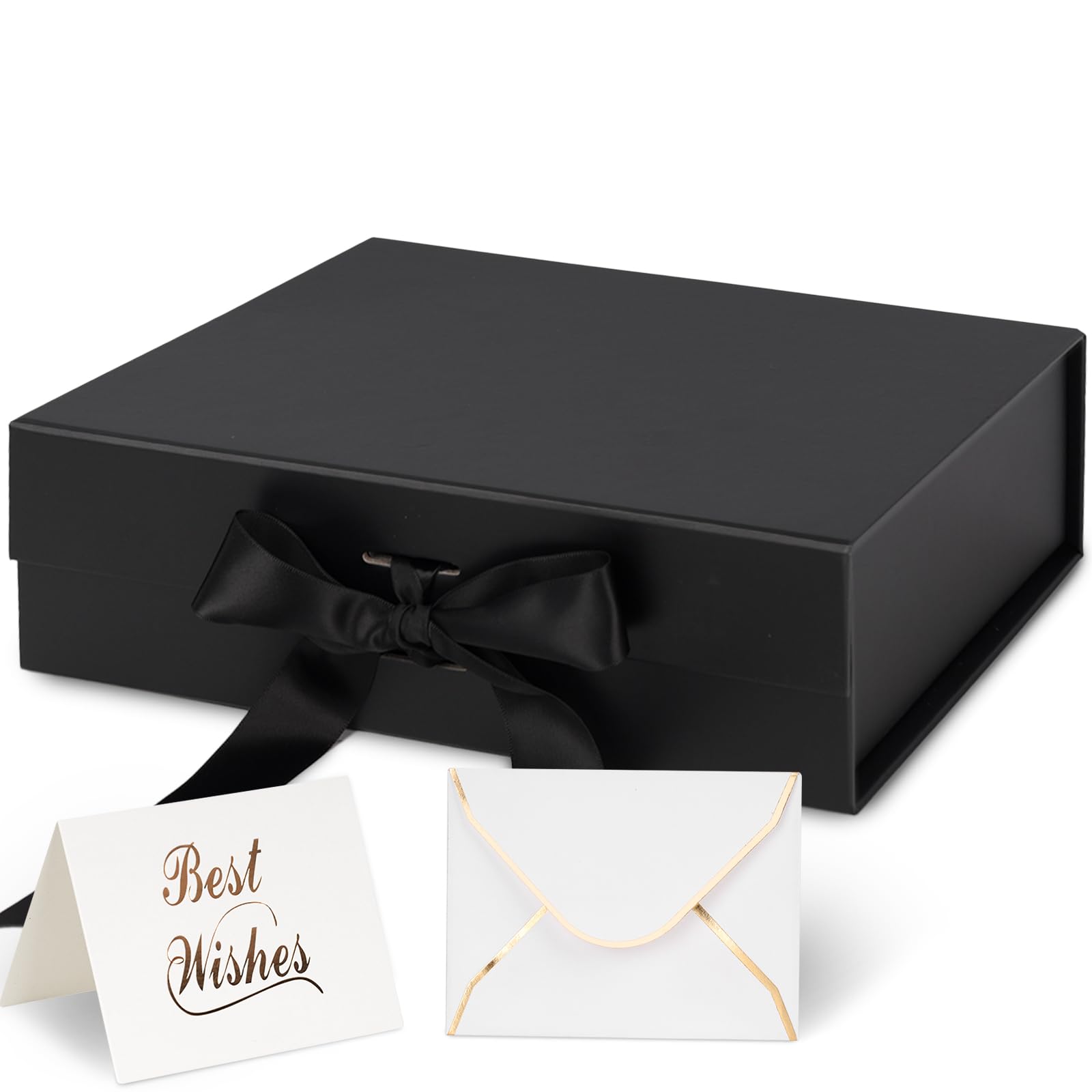 JOHOUSE Black Luxury Gift Box, 10.5 x 7.5 x 3.1, Magnetic Clamshell Box with Ribbon, Greeting Card for Weddings, Halloween, Anniversaries
