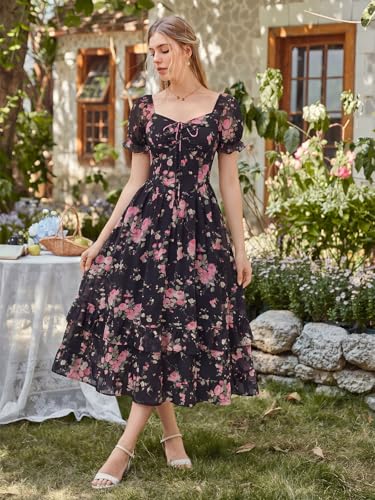 Image of Scarlet Darkness Women Floral Maxi Dress Puff Sleeve Tea Party Corset Dress | Pockets, Ruched Bust, Ruffled Hem, for Cottagecore Fairy Milkmaid Vacation