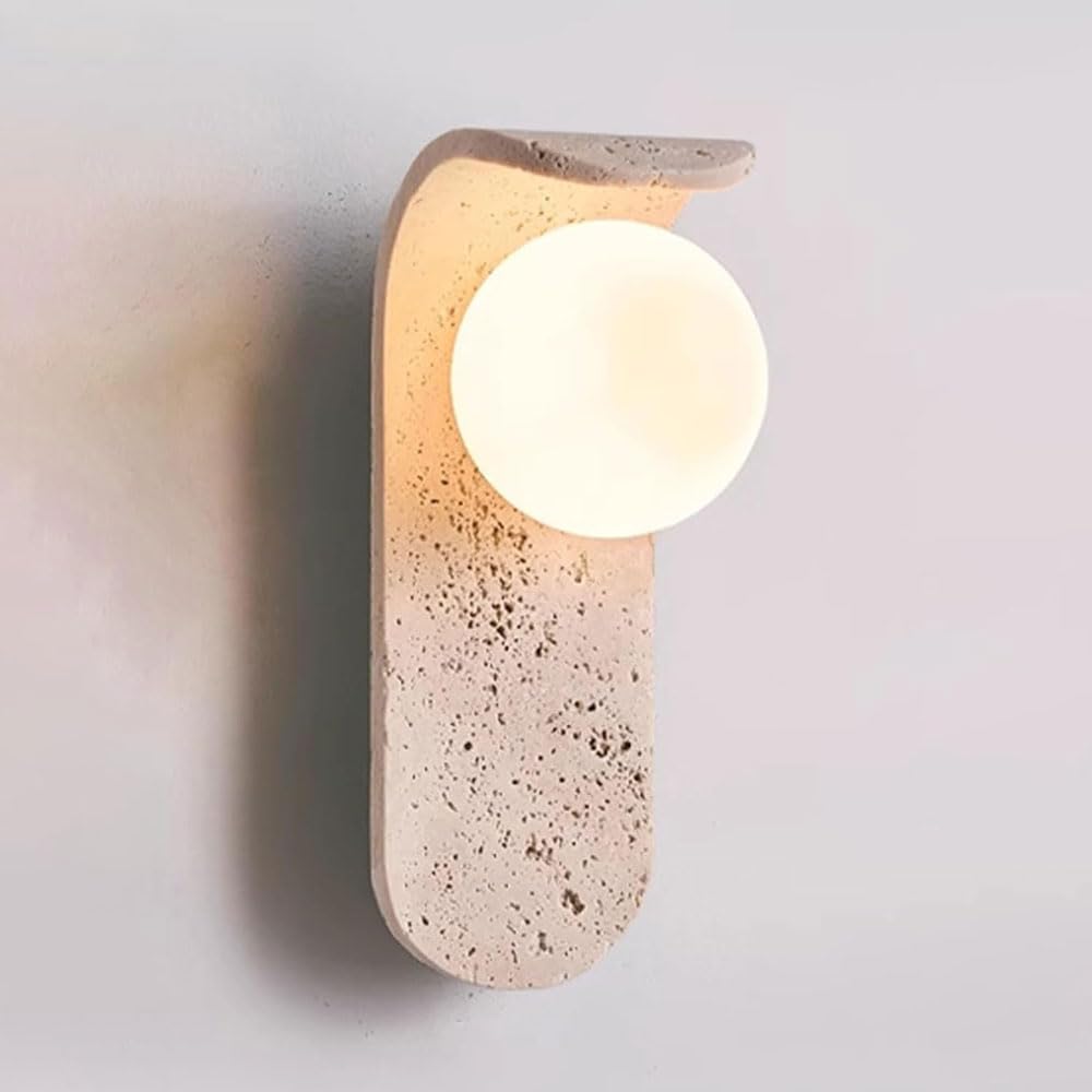 SSBHDM G9 Light Source Spherical Glass Lampshade Wall Sconce, Natural Yellow Travertine Wall Light, Wabi Sabi Style Wall Lamp, Restaurant Bedroom Living Room Decoration Light Fixtures