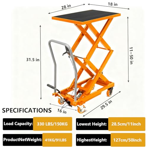 Image of GarveeTech Hydraulic Lift Table Cart, 330Lbs Load Capacity 50 Inch Lifting Height, Manual Double Scissor Lift Table with Non-Slip Pad and 4 Wheels,Hydraulic Scissor Cart (330lbs - Double - Yellow)