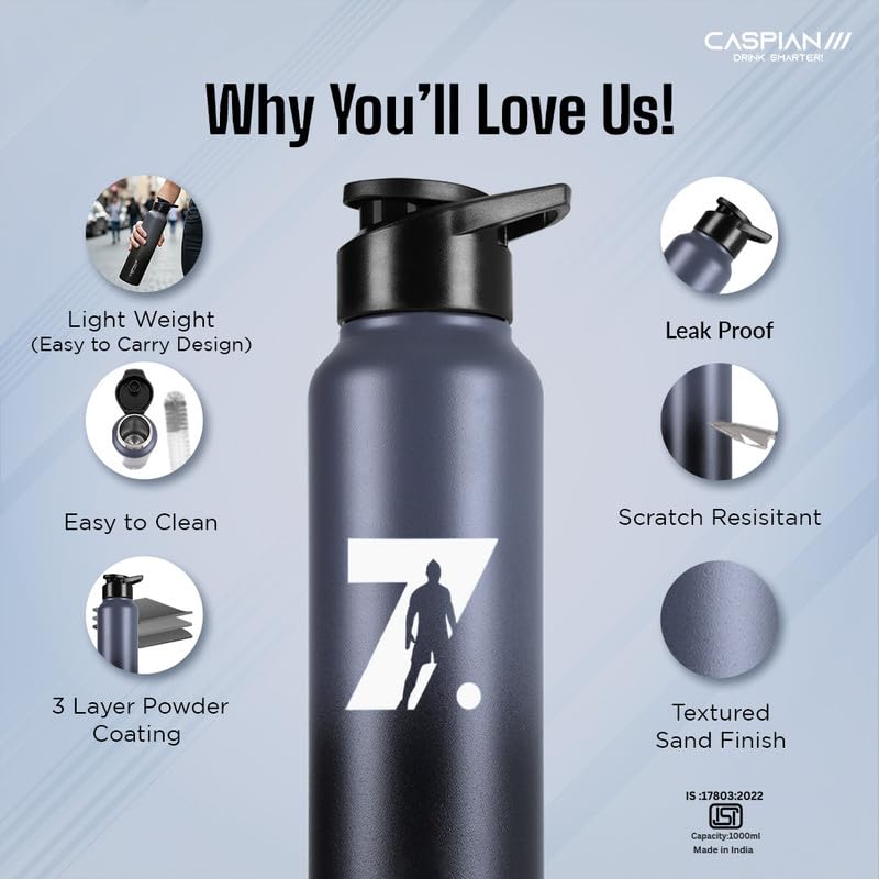 Image of CASPIAN / / / Hike Stainless Steel Customize Sipper Water Bottle Leak Proof Thunder for Fridge Home Office Travel School Kids Adults Girls Boys Sports Gym Yoga (Graphite 1 Litre, Set of 1)