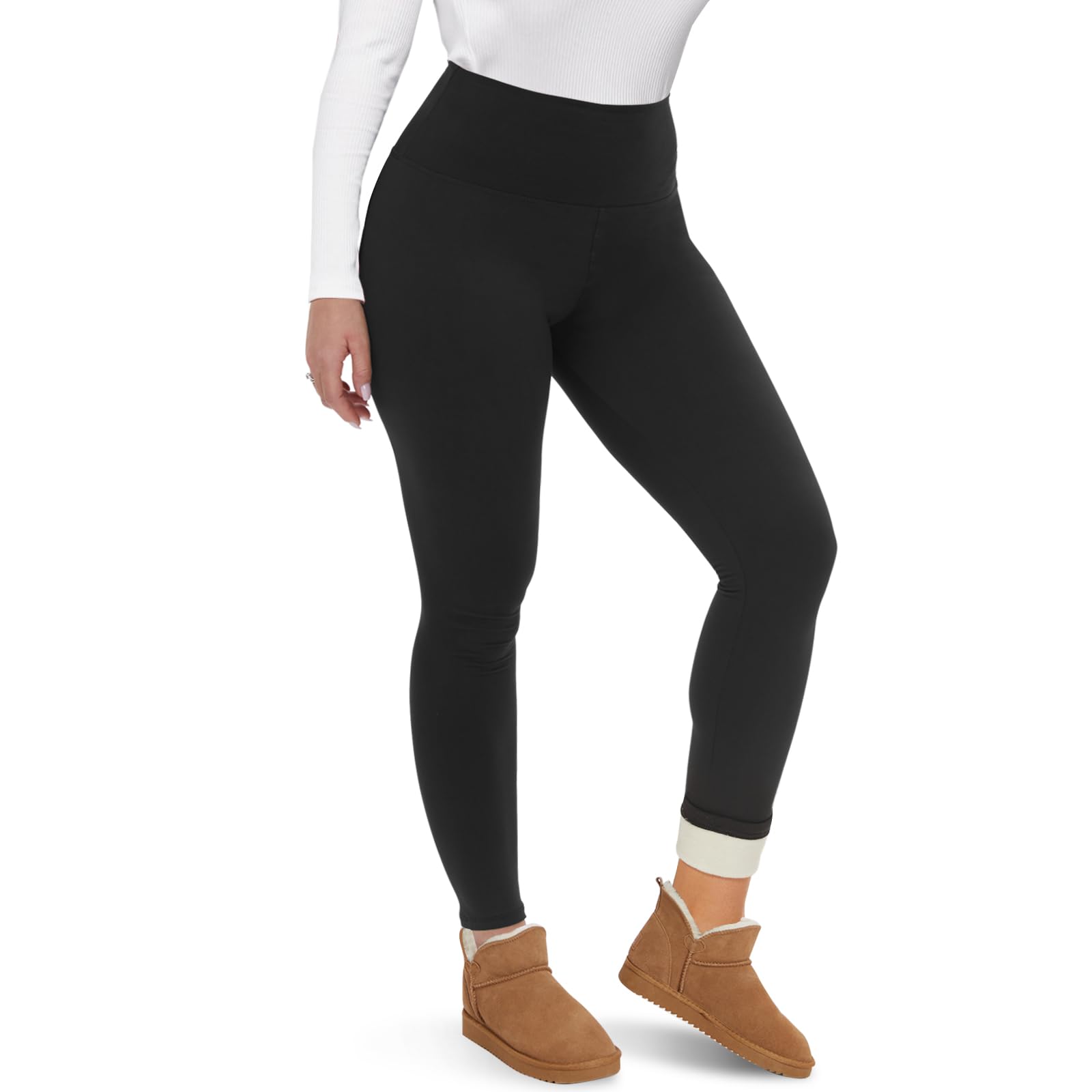 Fleece Lined Leggings Women - Thick Soft High Waisted Black Tummy Control Thermal Warm Velvet Pants for Cold Winter