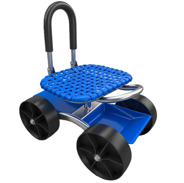 JUTOSGSKW Rollender Gartenwagen Gartensitz mit Rollen Garten Rollsitz 360 Schwenkfunktion & Höhenverstellung Werkzeugablage drehbarer Gartenautositz für Senioren und ältere Menschen Blau