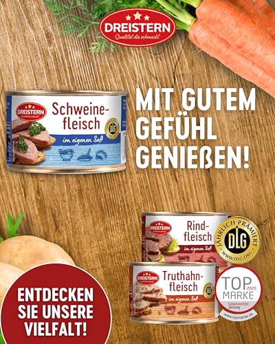 DREISTERN Schweinefleisch im eigenen Saft 400g I Mit Schweineschwarte I Herzhafte Spezialität in recyclebarer Konservendose I Lange Haltbarkeit dank natürlicher Konservierung I Hausmacher Qualität