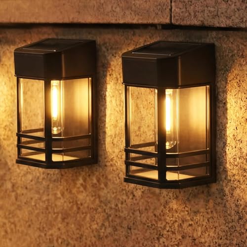 nipify Solar-Zaunleuchten für den Außenbereich, Garten, 2 Packungen LED-Retro-Solar-Wandleuchten für den Außenbereich, wasserdicht, automatisches Ein-/Ausschalten, solarbetrieben (Warmweiß)