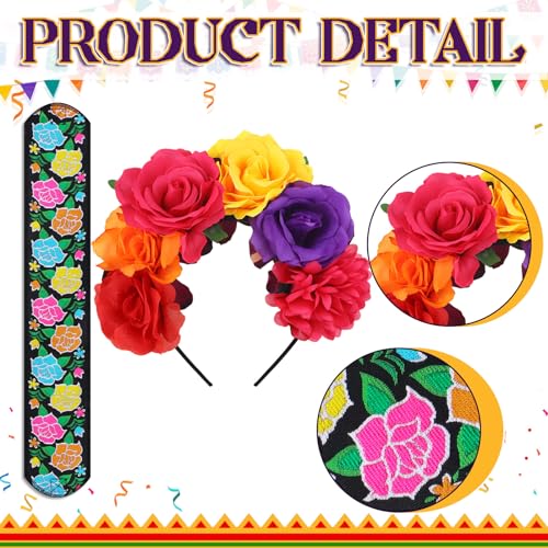 Zoooyawn 2 Pcs Traditional Embroidered Mexican Belt Adjustable Mexican Rose Flower Crown Day of the Dead Floral Crown for Women Dress Boho Floral Traditional Fiesta Party Sash3
