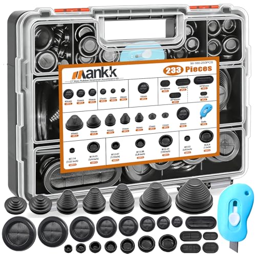mankk 233PCS Rubber Grommet Kit 27 Sizes (7/25"-2-3/8") Tower/Oval/Round Firewall Grommet Wire Grommet Double Sided Rubber Hole Plug with Knife for Wire Protection