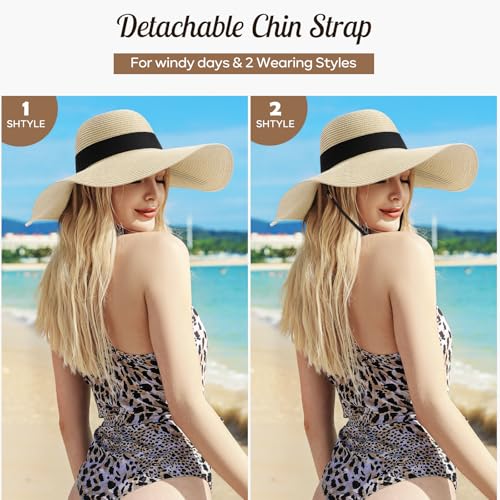Image of Beach Hats for Women - Sun Hat Womens, Wide Brim Straw Womens Sun Hat with Wind Lanyard Roll Up Foldable UV Protection