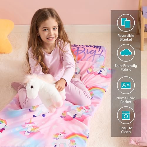 Image of JOIEDOMI Toddler Sleeping Bag for Kids 55''x30'' Nap Mat with Removable Pillow and Minky Blanket for Toddler Ages 3-7 Roll Up Soft Kids Sleeping Bag for Boys Girls Kindergarten Daycare Sleepover