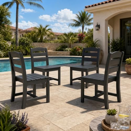 Image of SERWALL Outdoor HDPE Armless Dining Chairs Set of 4,All-Weather Use,Black | Weather-resistant dining chairs resist fading and cracking, with armless design for comfortable outdoor seating.