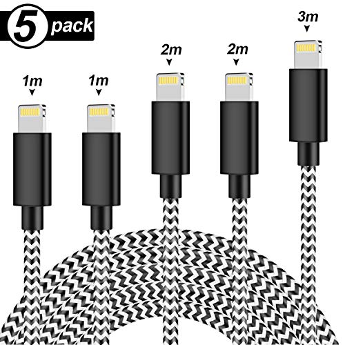 Câble Phone [5-Pack 3/3/6/6/10ft] de Nylon Tressé Connecteur en Aluminium Compatible avec iPhone X/8/8 Plus /7/7 Plus/6S/6S Plus/ 6/6 Plus (Noir)