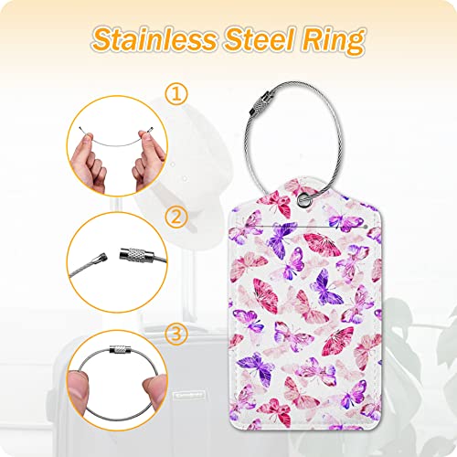 Image of Set of 2 Luggage Tags for Suitcases Women Butterfly Leather Suitcases Tag with Stainless Steel Loop Privacy Cover ID Label Pink Travel Bag Tags Luggage Identifiers for Women Men Travel