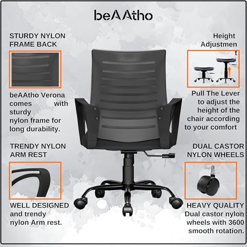 Image of beAAtho Verona Mesh Mid-Back Ergonomic Desk Office Chair with Tilting Mechanism, Comfortable Seat, and Revolving Heavy Duty Metal Base | Ideal for Work from Home & Study (Grey)