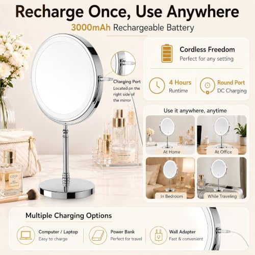 Image of DEIOVWXS Makeup Mirror, Rechargeable Vanity Mirror with 3 Lights, 1X /10X