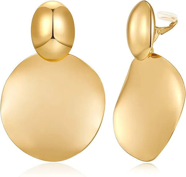 FAMARINE Matte Gold Clip on Earrings for Women Trendy Big Disc Dangle Clip Earrings for gift